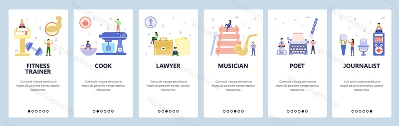 Mobile app onboarding screens. Professions, lawyer, musician, writer, journalist, fitness trainer. Menu vector banner template for website and mobile development. Web site design flat illustration.