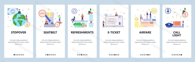 Mobile app onboarding screens. Travel by airplane around the world, fasten seatbelt, flight meal, airfare. Menu vector banner template for website and mobile development. Web site design flat illustration.
