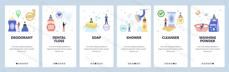 Mobile app onboarding screens. Morning routine icons, deodorant, dental floss, soap, shower, washing powder. Vector banner template for website and mobile development. Web site flat illustration.