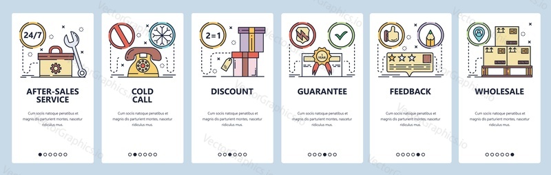 Mobile app onboarding screens. Warehouse with packages, guarantee certificate, feedback review. Menu vector banner template for website and mobile development. Web site design flat illustration.