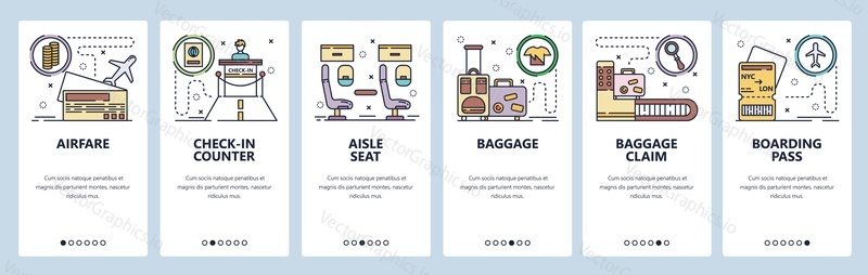 Mobile app onboarding screens. Travel by airplane, flight ticket, aisle seat, baggage claim, boarding pass. Menu vector banner template for website and mobile development. Web site design flat illustration.