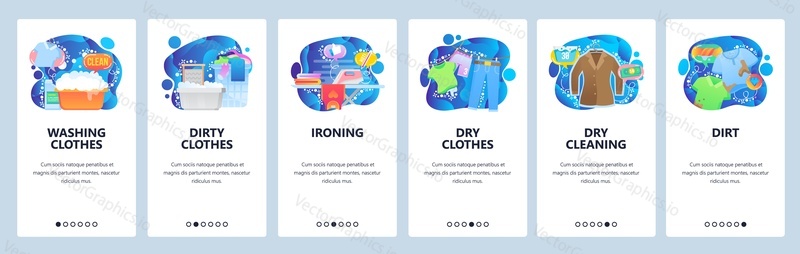 Mobile app onboarding screens. Laundry service, washing clothes, dry cleaning, ironing. Menu vector banner template for website and mobile development. Web site design flat illustration.