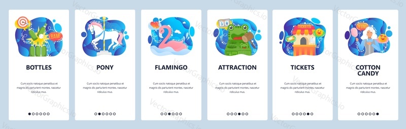 Mobile app onboarding screens. Amusement park games, ticket booth, cotton candy, pony rides. Menu vector banner template for website and mobile development. Web site design flat illustration.