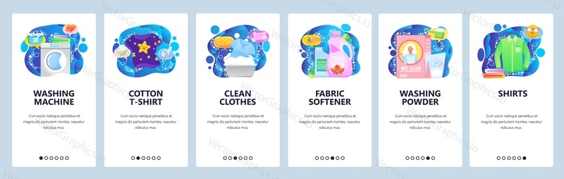 Mobile app onboarding screens. Laundry service icons, washing machine, liquid softener, powder. Menu vector banner template for website and mobile development. Web site design flat illustration.