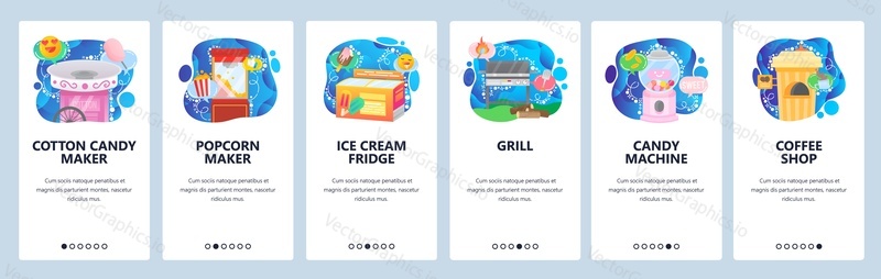 Mobile app onboarding screens. Amusement park sellers equipment, cotton candy, popcorn maker, grill, candy machine. Menu vector banner template for website and mobile development. Web site design flat illustration.