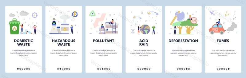 Mobile app onboarding screens. Waste recycle, hazardous waste, air pollution, power plant, gas emission. Menu vector banner template for website and mobile development. Web site design flat illustration.