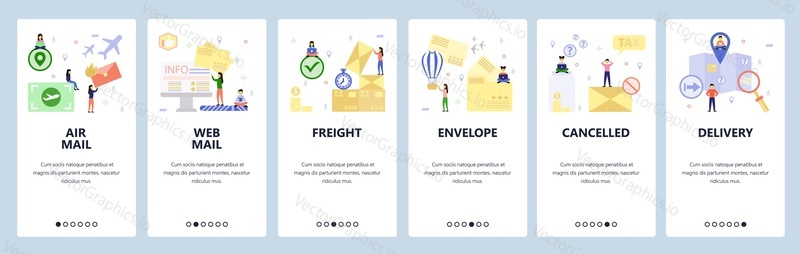 Mobile app onboarding screens. Post and mail delivery, emails, package shipping, map navigation. Menu vector banner template for website and mobile development. Web site design flat illustration.