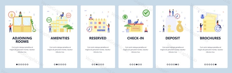 Mobile app onboarding screens. Hotel building, booking room, check-in counter. Menu vector banner template for website and mobile development. Web site design flat illustration.