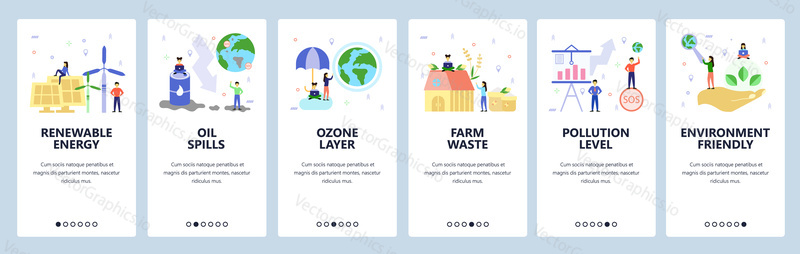 Mobile app onboarding screens. Environmental problems, renewable energy, oil spills, ozone layer, air pollution. Vector banner template for website and mobile development. Web site design flat illustration.