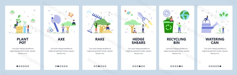 Mobile app onboarding screens. Gardening, cut tree, hedge shears, watering plants, recycling bin. Menu vector banner template for website and mobile development. Web site design flat illustration.