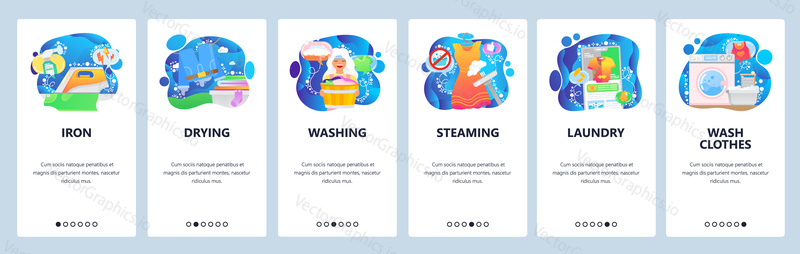 Mobile app onboarding screens. Laundry service icons, iron, dry cleaning, steaming, washing machine. Menu vector banner template for website and mobile development. Web site design flat illustration.