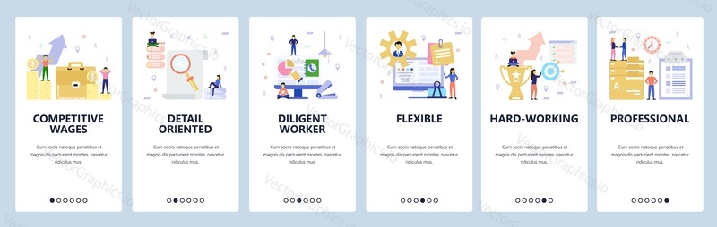 Mobile app onboarding screens. Business and office workspace, team work, achievements, contract. Menu vector banner template for website and mobile development. Web site design flat illustration.