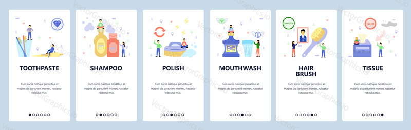 Mobile app onboarding screens. Morning routine icons, toothbrush, shampoo, mouthwash, hair brush, tissue. Menu vector banner template for website and mobile development. Web site design flat illustration.