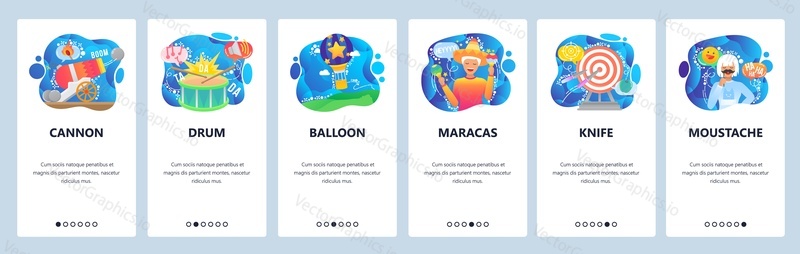 Mobile app onboarding screens. Circus show performance and stunt, maracas, cannon, moustache, balloon. Menu vector banner template for website and mobile development. Web site design flat illustration.