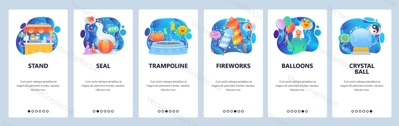 Mobile app onboarding screens. Seal animal show, trampoline, fireworks, crystal ball. Menu vector banner template for website and mobile development. Web site design flat illustration.