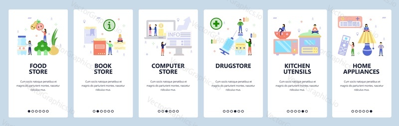 Mobile app onboarding screens. Food store, book, computer, pharmacy, home appliances. Menu vector banner template for website and mobile development. Web site design flat illustration.