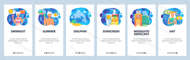 Mobile app onboarding screens. Summer vacation on tropical beach, holiday, sunblock, swimsuit, dolphin. Menu vector banner template for website and mobile development. Web site design flat illustration.