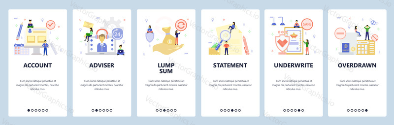 Mobile app onboarding screens. Money investment business and banking, underwrite, statement, bank account, financial adviser. Menu vector banner template for website and mobile development. Web site design flat illustration