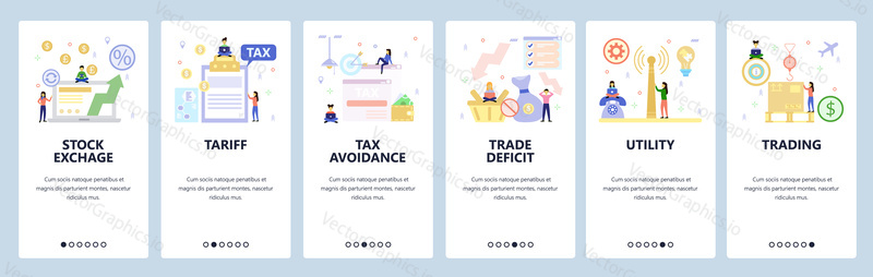 Mobile app onboarding screens. Stock exchange, tax avoidance, trading and cargo shipping. Menu vector banner template for website and mobile development. Web site design flat illustration.