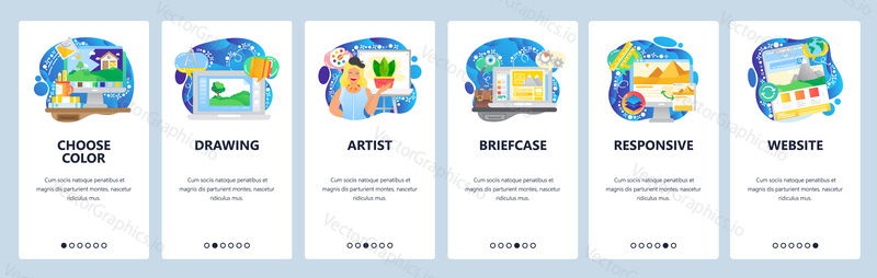 Mobile app onboarding screens. Artist painting, drawing, house project, responsive design. Menu vector banner template for website and mobile development. Web site design flat illustration.