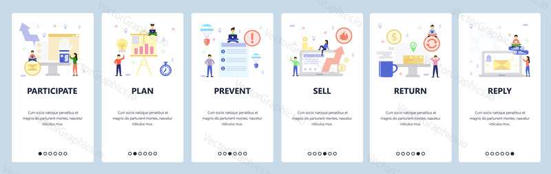 Mobile app onboarding screens. Business and office icons, financial report and presentation, check list. Menu vector banner template for website and mobile development. Web site design flat illustration.