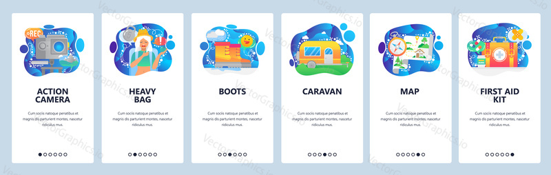Mobile app onboarding screens. Female traveller with heavy bagpack, hiking boots, photo camera, caravan, map, first aid kit. Vector banner template for website and mobile development. Web site design flat illustration