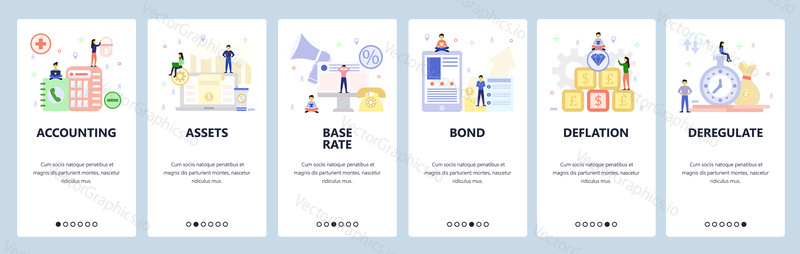Mobile app onboarding screens. Business, money investment, accounting, assets, bonds, currency exchange. Vector banner template for website and mobile development. Web site design flat illustration.