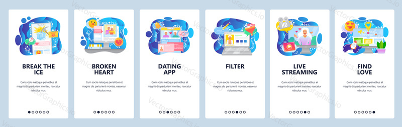 Mobile app onboarding screens. Dating service. love messages, filter profile, search, live streaming video. Menu vector banner template for website and mobile development. Web site design flat illustration.