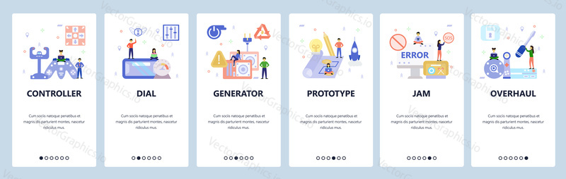 Mobile app onboarding screens. Computer error, hardware repair, prototype, VR concole, gaming controller. Vector banner template for website and mobile development. Web site design flat illustration.