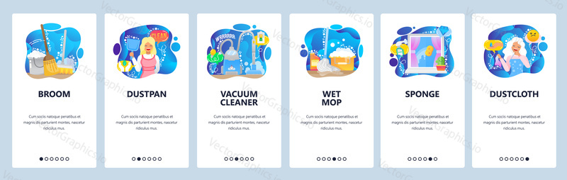 Mobile app onboarding screens. House cleaning service, woman housemaid, vacuum cleaner, broom, dustpan. Menu vector banner template for website and mobile development. Web site design flat illustration.