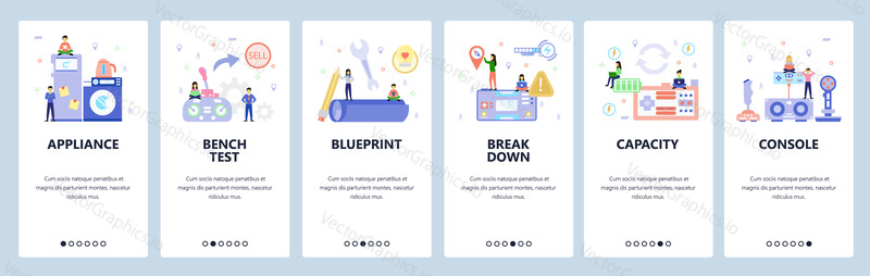 Mobile app onboarding screens. Gaming console, home appliances, battery charge, portable electronic toy. Menu vector banner template for website and mobile development. Web site design flat illustration.