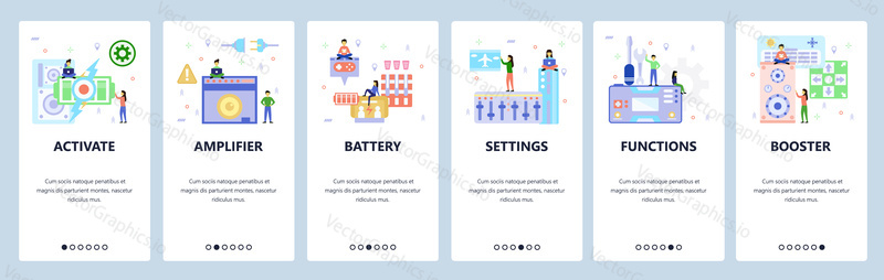 Mobile app onboarding screens. Portable gaming console, battery, audio amplifier. Menu vector banner template for website and mobile development. Web site design flat illustration.