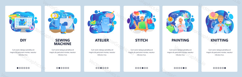 Mobile app onboarding screens. Sewing machine, painting, artist palette, knitting, atelier. Menu vector banner template for website and mobile development. Web site design flat illustration.