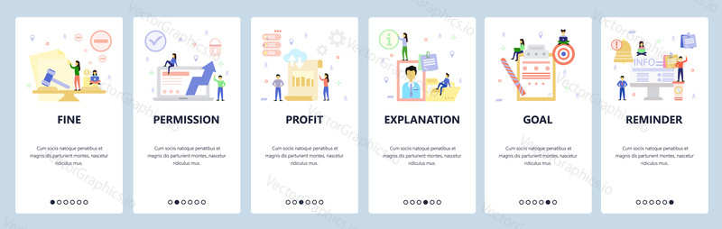 Mobile app onboarding screens. Business icons, profit, employee profile, schedule notification. Menu vector banner template for website and mobile development. Web site design flat illustration.