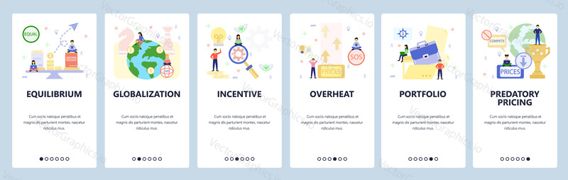 Mobile app onboarding screens. Business, financial and economy icons, globalization, portfolio. Menu vector banner template for website and mobile development. Web site design flat illustration.