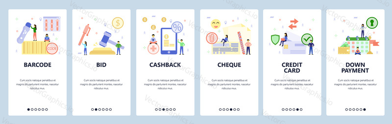 Mobile app onboarding screens. Auction bid, cashback, credit card, cheque, down payment, loan schedule. Menu vector banner template for website and mobile development. Web site design flat illustration.