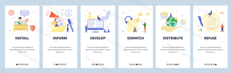 Mobile app onboarding screens. World delivery, message announcement, refuse sign, install software. Menu vector banner template for website and mobile development. Web site design flat illustration.