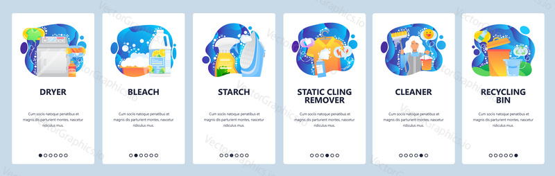 Mobile app onboarding screens. House cleaning service, dryer, bleach, housemaid, recycling waste bin. Menu vector banner template for website and mobile development. Web site design flat illustration.