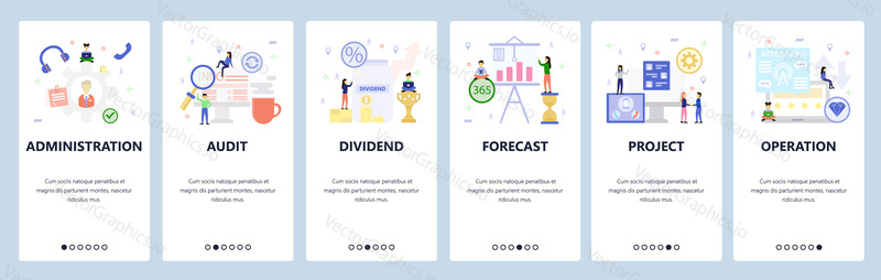 Mobile app onboarding screens. Business management and investment, profit, financial forecast, project. Menu vector banner template for website and mobile development. Web site design flat illustration.