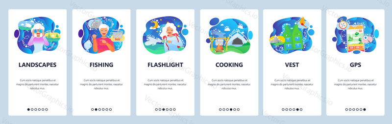Mobile app onboarding screens. Travel and outdoor camping, campfire, map, fishing, flashlight. Menu vector banner template for website and mobile development. Web site design flat illustration.