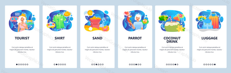 Mobile app onboarding screens. Tropical summer vacation, travel tourist, coconut cocktail, sand beach. Menu vector banner template for website and mobile development. Web site design flat illustration.
