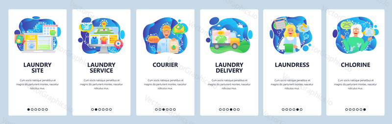 Mobile app onboarding screens. Online laundry service, delivery, ccleaning, washing clothes. Menu vector banner template for website and mobile development. Web site design flat illustration.