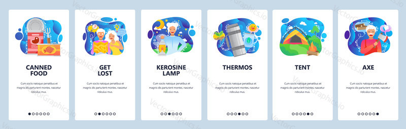 Mobile app onboarding screens. Lost tourists look at the map, camping tent, outdoor travel, thermos, canned food. Vector banner template for website and mobile development. Web site design flat illustration.