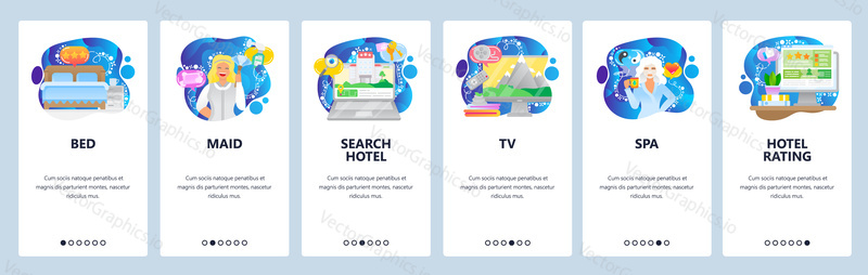 Mobile app onboarding screens. Hotel service, bed, room, maid, search hotel and booking, spa, rating. Menu vector banner template for website and mobile development. Web site design flat illustration.