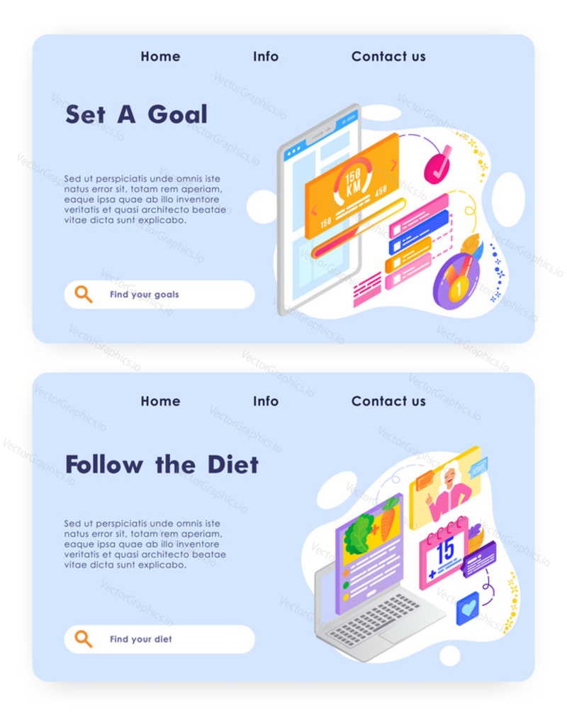 Ultra marathon run and sport goal. Healthy food diet mobile phone app. Vector web site design template. Landing page website isometric concept illustration