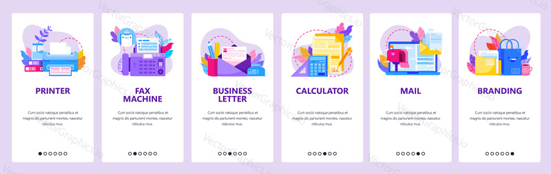 Office electronic and business accessories. Printer, fax machine, business letter. Mobile app onboarding screens. Vector banner template for website mobile development. Web site design illustration.