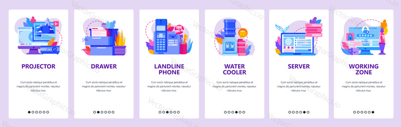 Office and business devices. Landline phone, water cooler, server, secure access. Mobile app onboarding screens. Vector banner template for website and mobile development. Web site design illustration