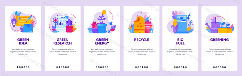 Green energy and environmental industry. Recycle waste, bio fuel, greem plants. Mobile app onboarding screens. Vector banner template for website and mobile development. Web site design illustration.