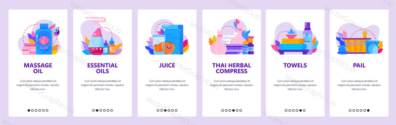 Thai spa and massage parlor icons. Essential oil, towels, herbal compress. Mobile app onboarding screens. Vector banner template for website and mobile development. Web site design illustration.