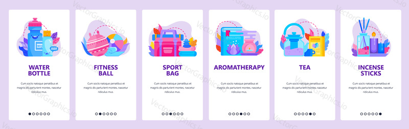 SPA and aroma salon. Healthy lifestyle, aromatheraphy, incense sticks, water bottle. Mobile app onboarding screens. Vector banner template for website mobile development. Web site design illustration.